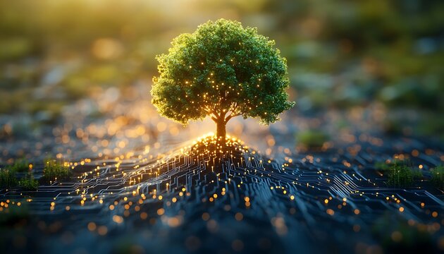Green tree with glowing lights on circuit board roots in sunlight nature technology