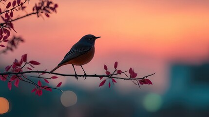 Silhouette of bird perched on branch with sunrise background, calm nature concept ideal for peace, meditation, and outdoor visual