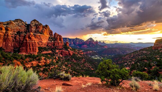A vibrant sunset casts golden light on towering red sandstone formations. Lush greenery dots the valley, with dramatic storm clouds overhead - Powered by Adobe