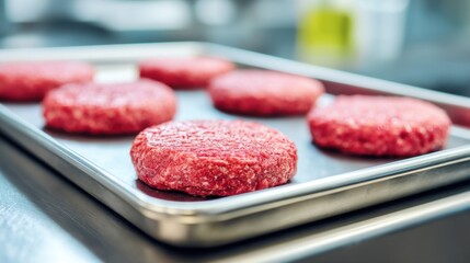 Fresh Raw Ground Beef Patties Ready to Grill on a Stainless Steel Tray in a Commercial Kitchen Environment
