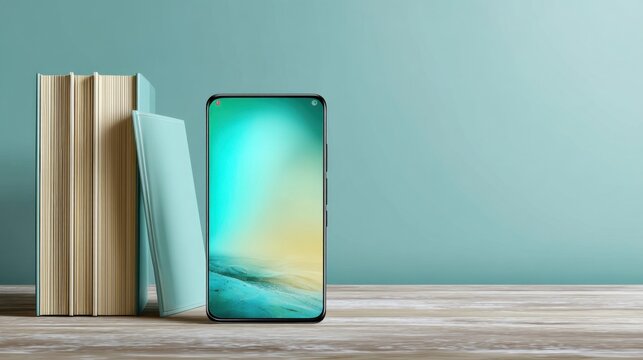 Modern smartphone beside stack of books on wooden table against soft blue background for technology and education themes - Powered by Adobe