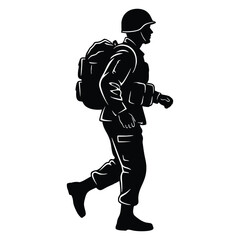 Naklejka premium Soldier silhouette marching with full military gear in monochrome vector design