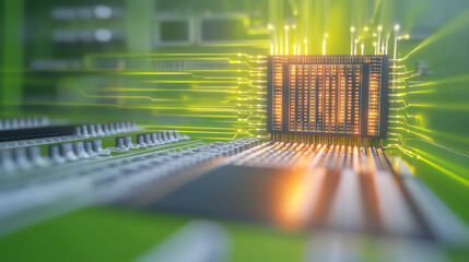Close-up of a microchip with vibrant green circuitry, showcasing intricate details and cutting-edge technology.