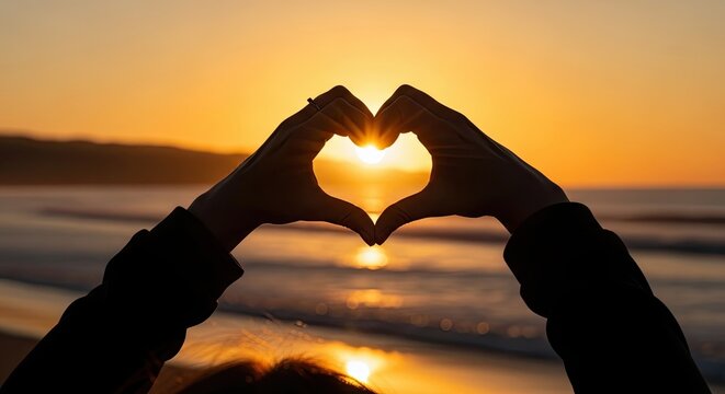 Hands forming heart shape silhouetted against a beautiful ocean sunset - Powered by Adobe