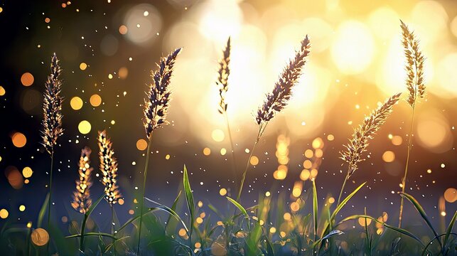 Close-up view of tall grass stalks silhouetted against a warm, golden hour sunset with soft bokeh lights.