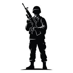 Naklejka premium Powerful silhouette of a soldier standing guard, rifle ready for impactful designs