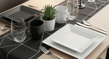 Modern Black and White Table Setting with Plant