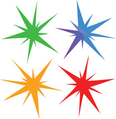 Four vibrant starburst shapes in red orange green and blue colors high quality