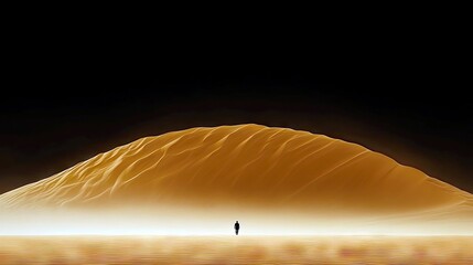 A solitary person stands in the distance, dwarfed by a massive, golden sand dune under a dark, atmospheric sky, with a reflective surface below.