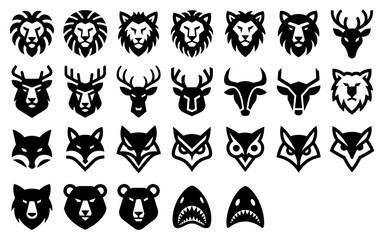 Naklejka premium Tribal Animal Head Logotype Icon Set. Wild Animals, Predator, Lion, Deer, Bear, Fox, Owl and Shark Face. Nature Symbol Vector illustration