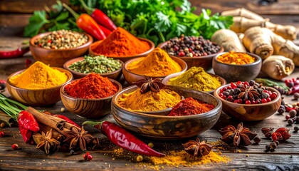 Fototapeta premium Vibrant Assortment of Aromatic Spices and Herbs on Rustic Wooden Table