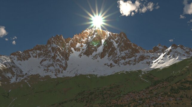a scenic view of a mountain range with snow-capped peaks under a bright sun
