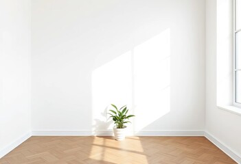Fototapeta premium Minimalist white wall interior, small potted plant adds subtle life, greenery, bright