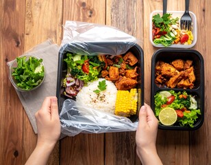Hands holding a full meal in a takeout container