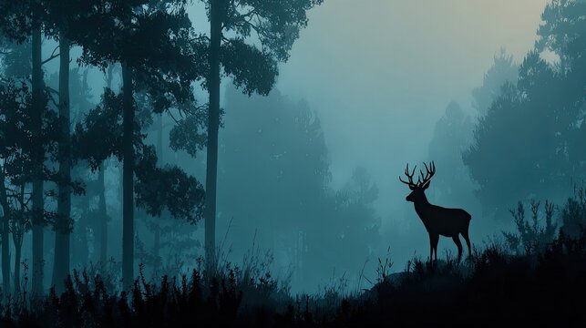 Silhouette of deer standing in foggy forest with tree outlines, calm natural scene, minimal vector ideal for outdoor, hunting, or serenity designs.