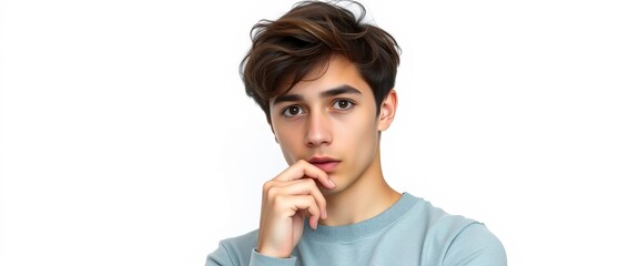 A young adult in pensive pose against a stark white backdrop,  generation z,  white background