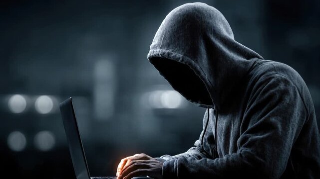 AI generated video of a hooded hacker typing on laptop in a dark room, symbolizing cybercrime, data breach, and digital security.