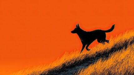 Silhouette of dog running on field with tail up, energetic minimal vector design perfect for pet care, adoption, and happiness themes.