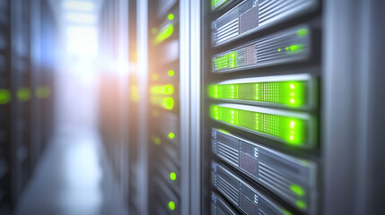 Close-up of modern data server technology with illuminated indicators in a data center. High-tech equipment for digital storage.