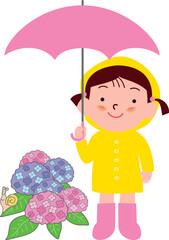 傘をさすレインコートの女の子と紫陽花
