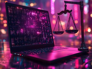 Laptop displaying digital data beside justice scales in neon light computer technology