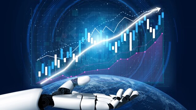 A futuristic robot hand displays a digital graph showing upward trends in finance and business, illustrating technology impact on economic growth and progress. Copula