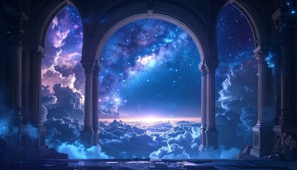 A celestial vista viewed from within a classical architecture, showcasing a breathtaking sky filled with stars and clouds