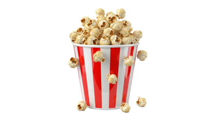 Overflowing bucket of fresh popcorn in a red and white striped container Holiday isolated object on a transparent PNG