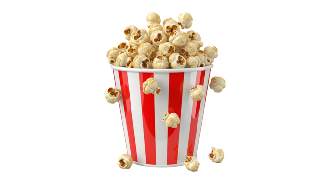 Overflowing bucket of fresh popcorn in a red and white striped container Holiday isolated object on a transparent PNG