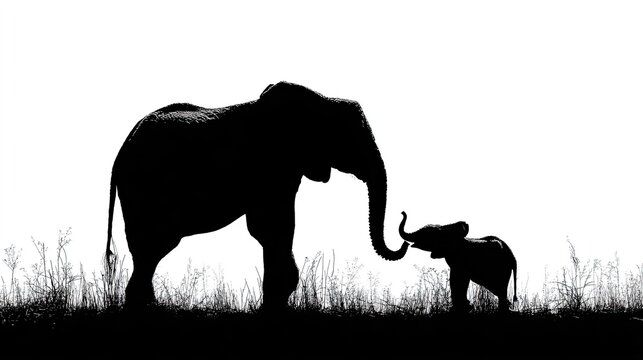Silhouette of elephant raising trunk with baby elephant, heartwarming vector ideal for family, care, or conservation stock art.
