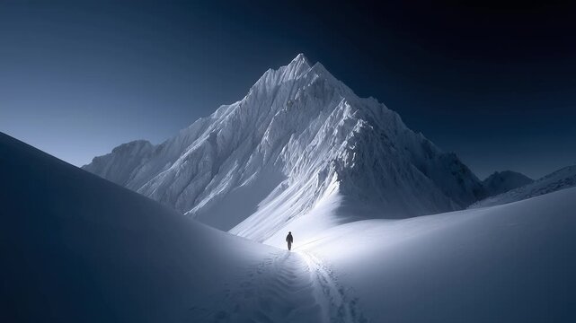A lone traveler at the summit of a snow mountain symbolizes challenge and breakthrough