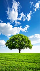 Fototapeta premium A vibrant, sunny landscape showcases a solitary tree on a grassy expanse against a brilliant blue sky dotted with puffy white clouds