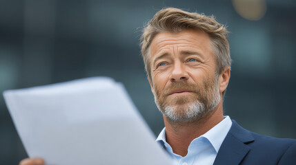 Confident businessman reviewing important documents outdoors, showcasing professionalism and focus in a corporate environment.