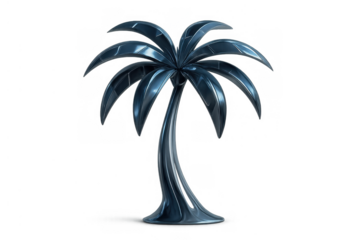 Stylized metallic palm tree artwork in blue steel creating a modern futuristic design with sleek glossy finish