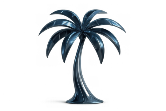 Stylized metallic palm tree artwork in blue steel creating a modern futuristic design with sleek glossy finish