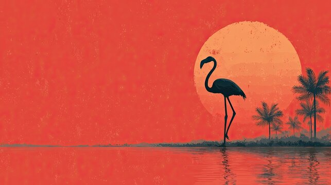 Silhouette of flamingo standing on one leg in water, tropical and elegant vector ideal for travel, summer, or relaxation themes.