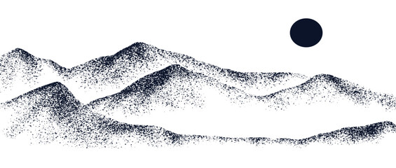 Grain stippled texture mountain range. Spray Painted mountain landscape on vintage style. use for print art, poster, cover, banner