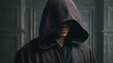 A mysterious cloaked figure with a hood casting deep shadows standing in a dark atmospheric ancient interior