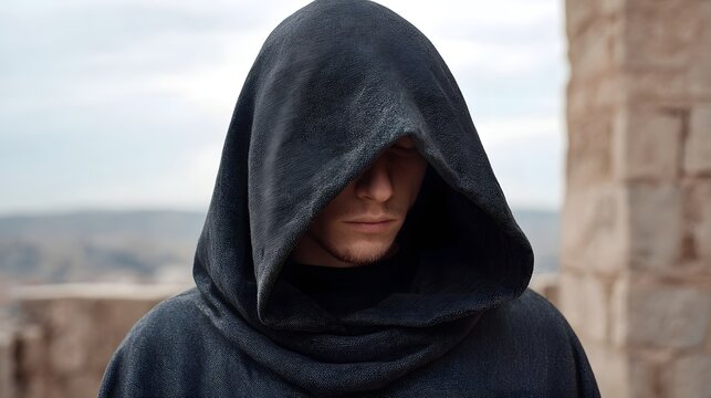 A mysterious hooded figure stands outdoors near an ancient stone wall gazing downwards with a contemplative expression
