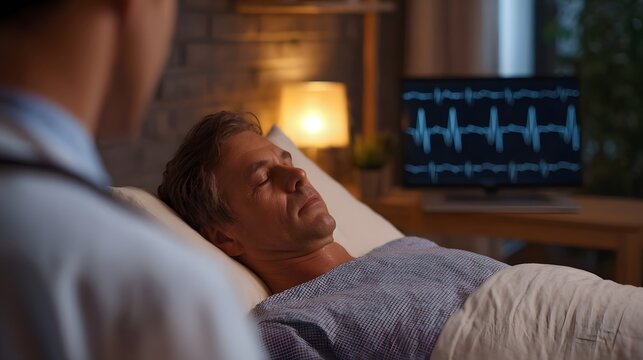 A patient rests in bed as a doctor monitors their heart rhythm on a cardiogram screen in a dimly lit room at night - Powered by Adobe