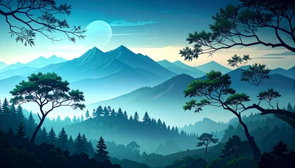 Fototapete Türkis Mountain landscape with lake ridges in fog forest on slopes illustration   © MdMajlur
