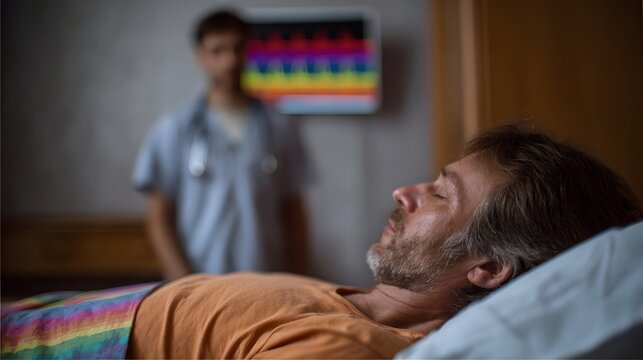 A patient rests in a hospital bed while a medical professional observes a vital signs monitor displaying a colorful waveform