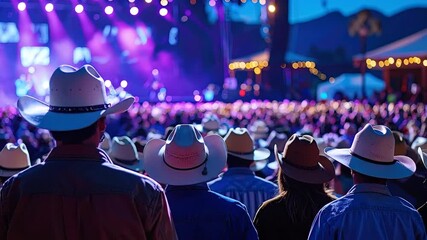 Audience wearing cowboy hats watching a brightly lit stage at an outdoor music festival at dusk - Powered by Adobe