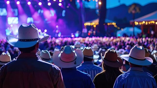 Audience wearing cowboy hats watching a brightly lit stage at an outdoor music festival at dusk