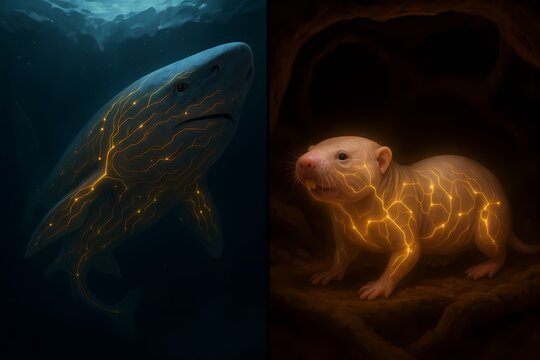 Illustration of a Greenland shark and a mole-rat depicted with glowing biological energy patterns, symbolizing longevity, cellular stability, and advanced biological adaptation.
