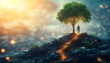 Silhouette person walks up glowing stairs towards a tree on a hill walking steps