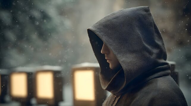 A solitary hooded figure stands in the falling snow illuminated by soft glowing lights in the atmospheric winter scene - Powered by Adobe