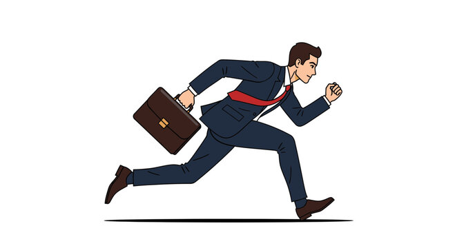 Dynamic businessman sprints with briefcase, embodying urgency and ambition, perfect for illustrating deadlines, success, and corporate drive in modern business.