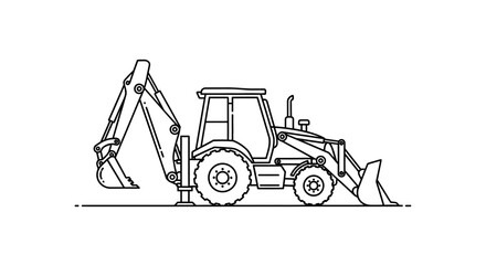Naklejka premium Backhoe in Construction: A detailed black and white illustration of a backhoe, a versatile construction machine, ready for excavation and earthmoving tasks.