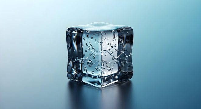 Cracked ice cube reflecting light with water droplets against a cool blue gradient background. isolated on white background